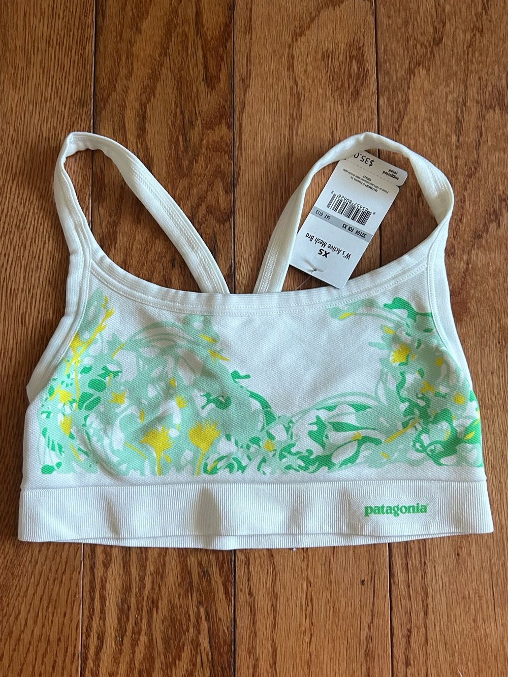 Patagonia White Sports Bra with Green & Yellow Floral Print NWT XS